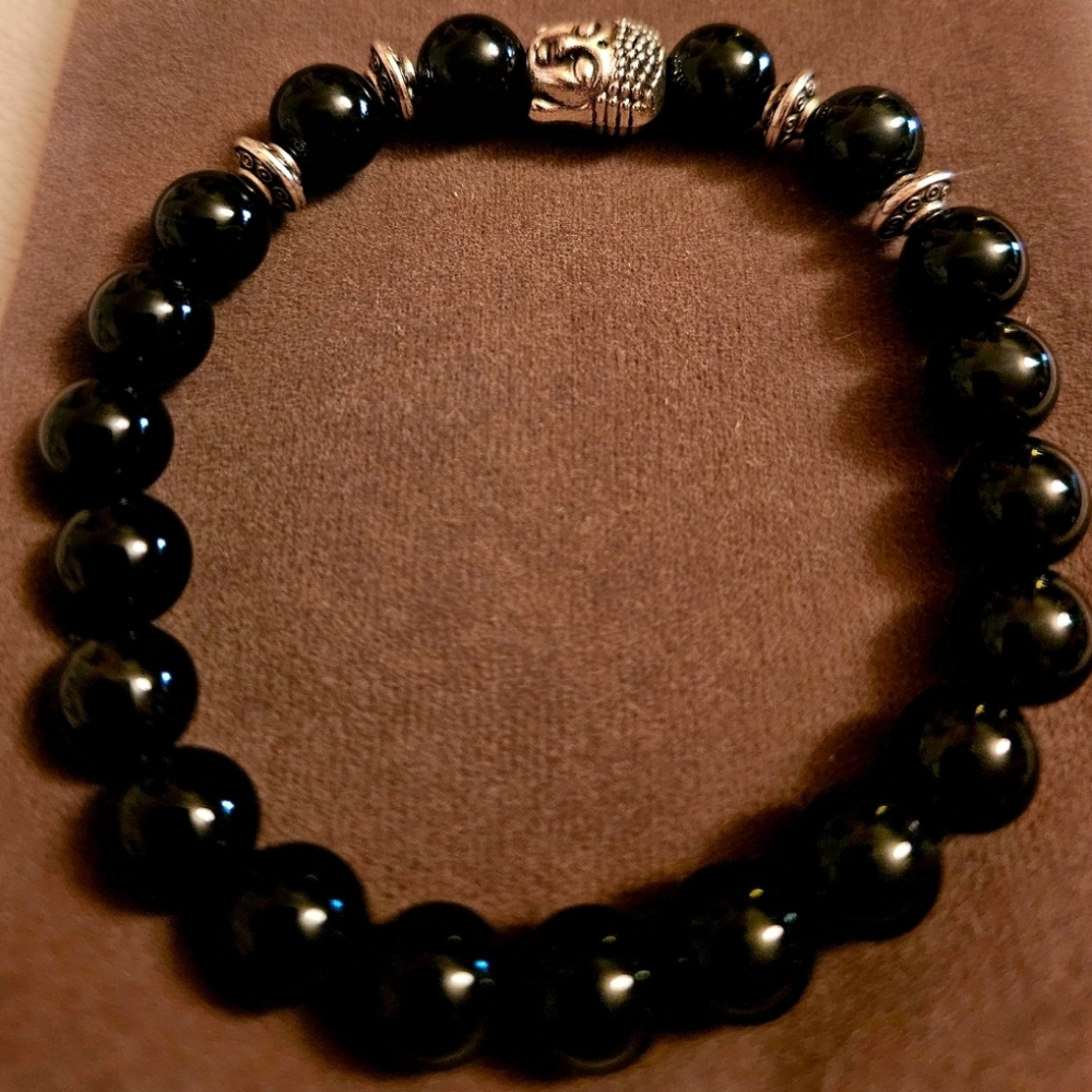 Black Obsidian Healing Protection Buddha Gemstone Beaded Bracelet in 8mm